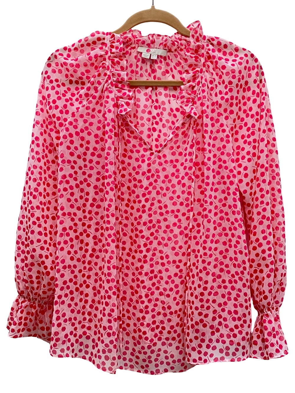 Boden pink abstract floral clover ruffle trim tie v-neck cuff blouse size US 4